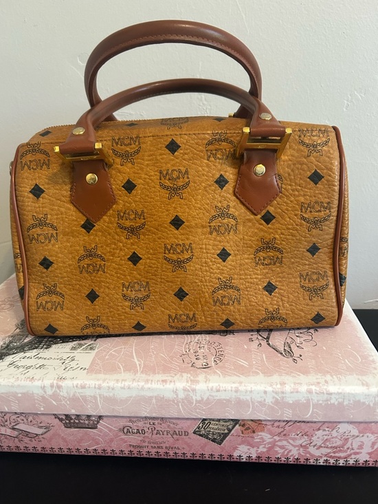 MCM Cognac Visetos Logo Top-Handle Satchel with Brown Trim AUTHENTIC - Picture 2 of 13